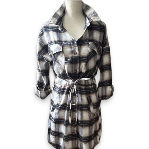 Ci Sono Plaid Tie Waist Flannel Tunic Dress - Picture 1 of 12